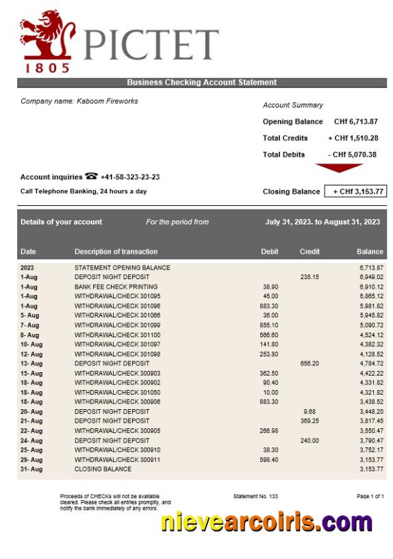 Pictet Bank firm account statement